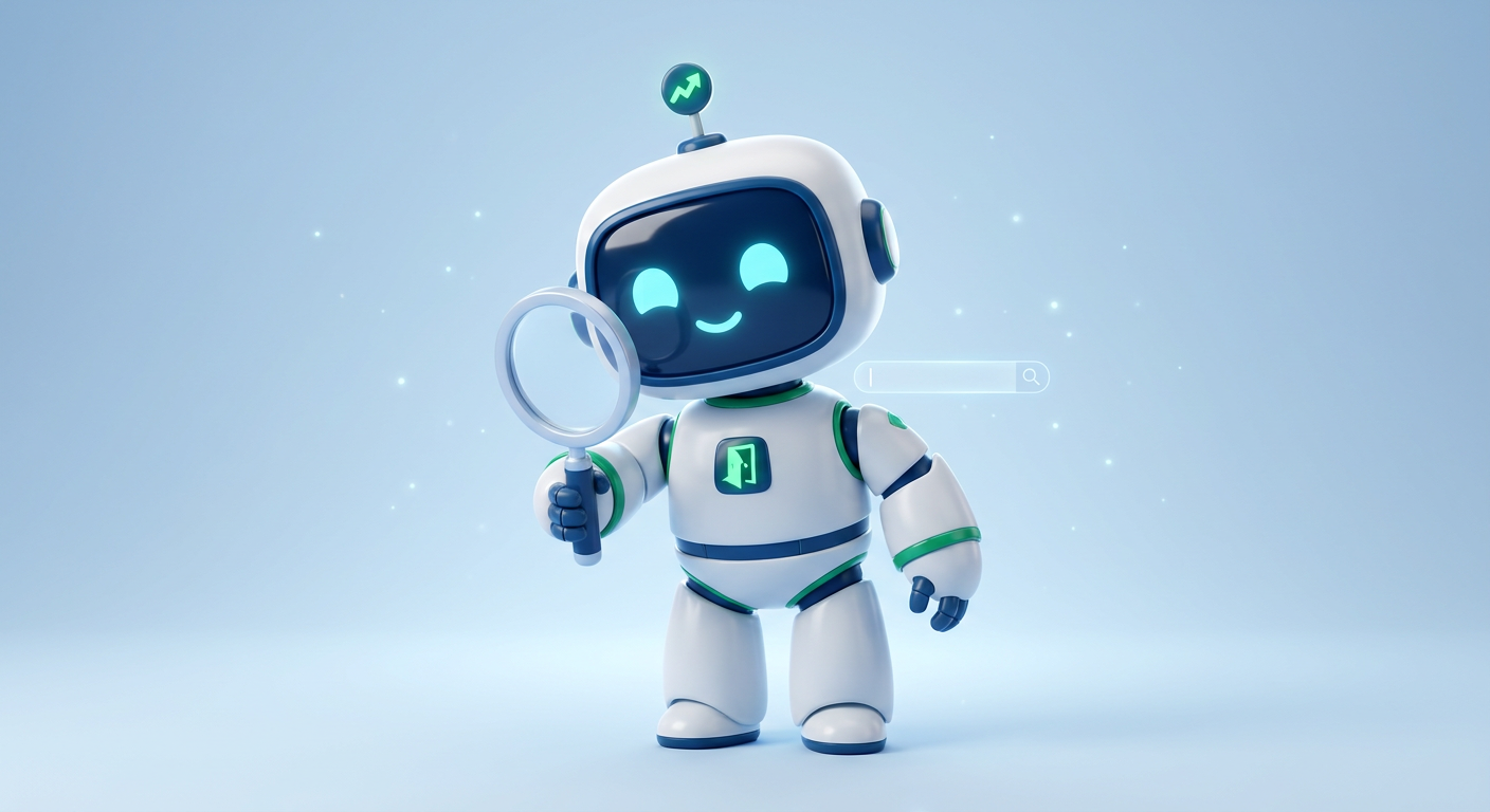 Scout - The SEO Room SEO agent robot mascot with magnifying glass