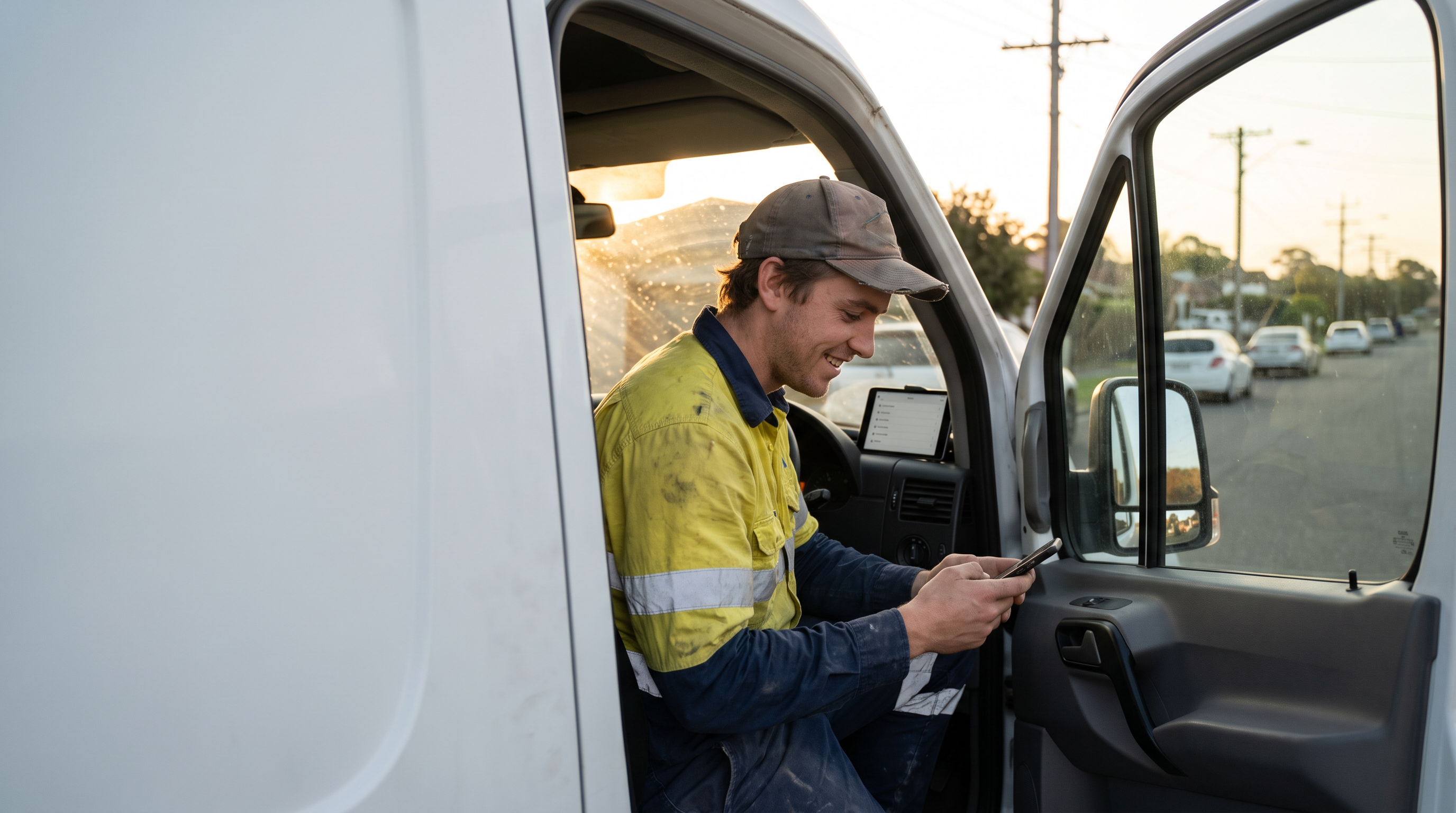 Young Australian tradesman sitting in his work van checking automated Google review requests on his phone