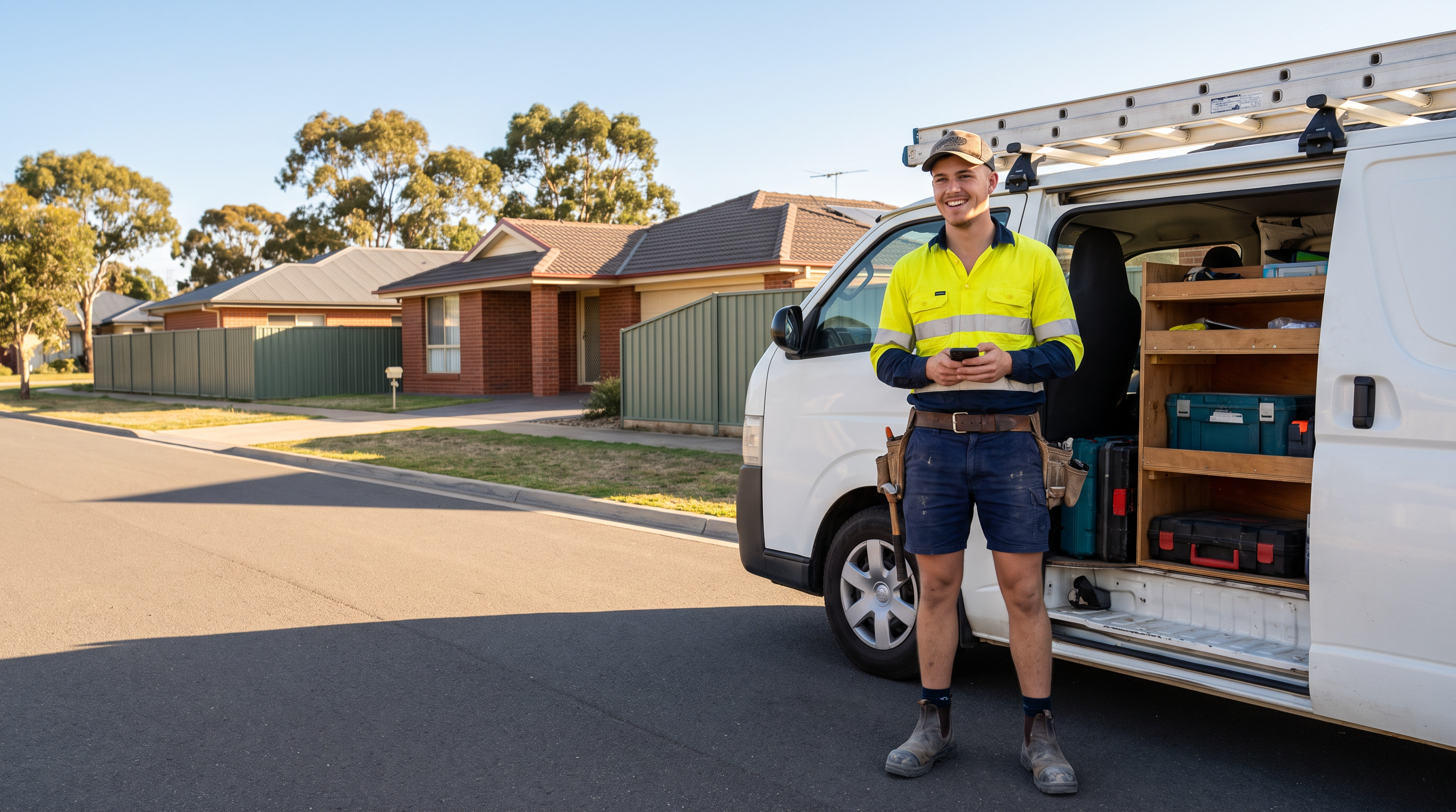 Young Australian tradesman in hi-vis workwear standing beside his work van, checking Google reviews on his phone